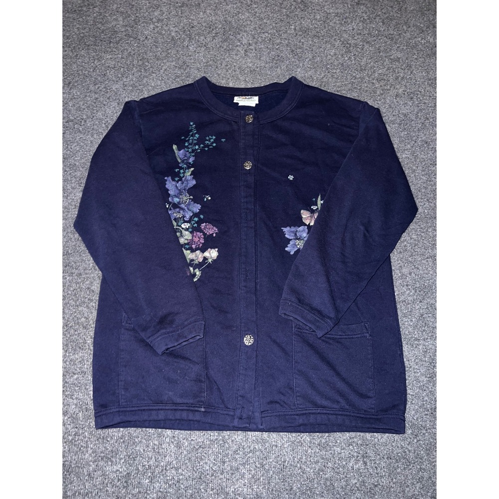 Northern Reflections Navy Blue Floral Butterfly Button Front Sweatshirt Pockets